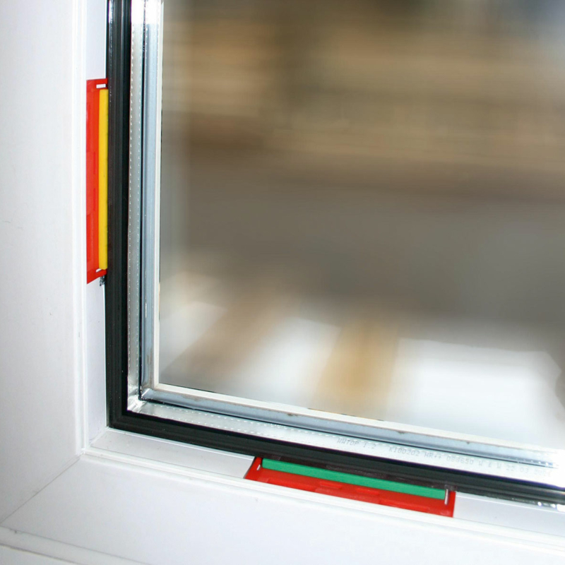 Linker und unterer Teil eines Fensters mit einer horizontal und einer vertikal angebrachten Verklotzung