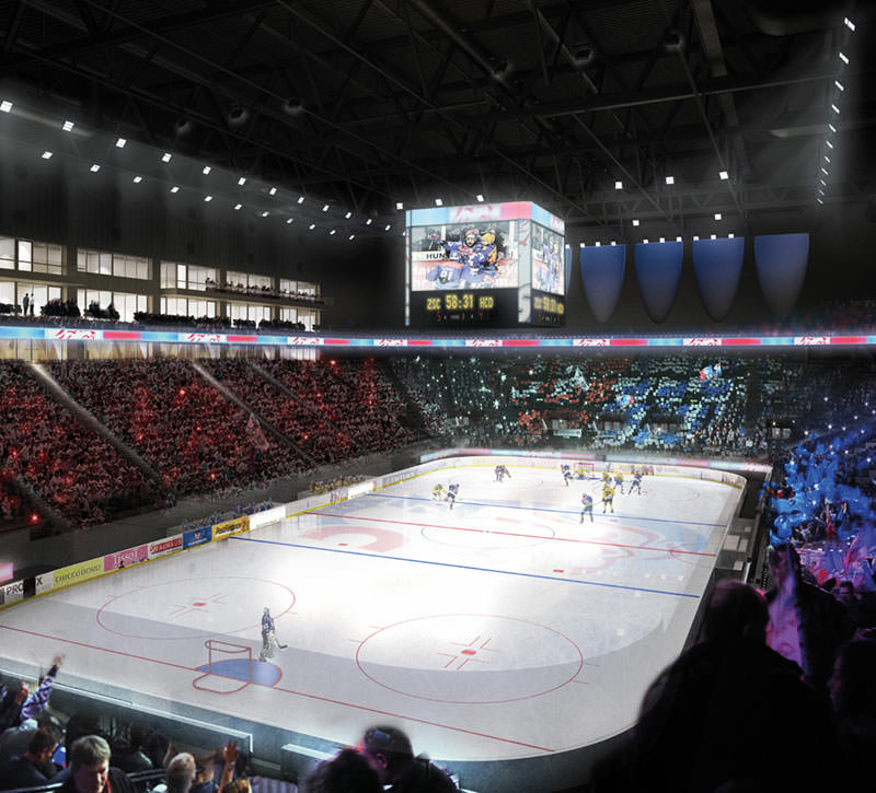Rendering der Innenansicht der Swiss Life Arena: Eine große Eisfläche, umgeben von vollbesetzen Sitzflächen, die bis an den Spielfeldrand reichen.
