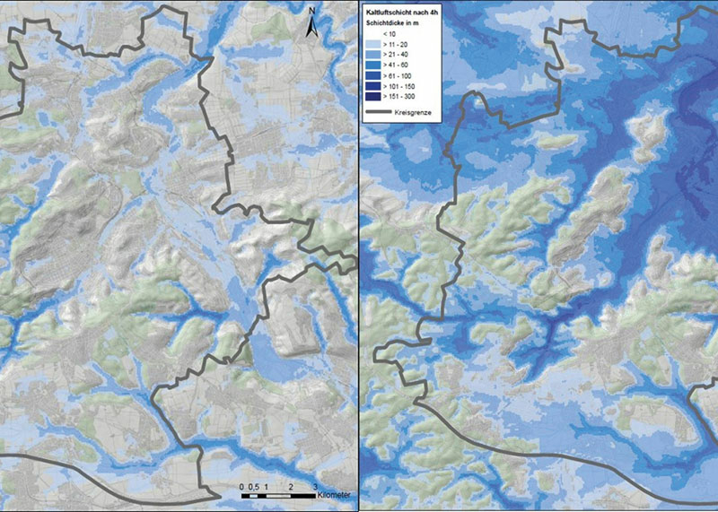 Zwei Luftbilder von Stuttgart in unterschiedlichen Blautönen nebeneinander, die die Luftauskühlung Stuttgarts zu unterschiedlichen Zeiten zeigen.