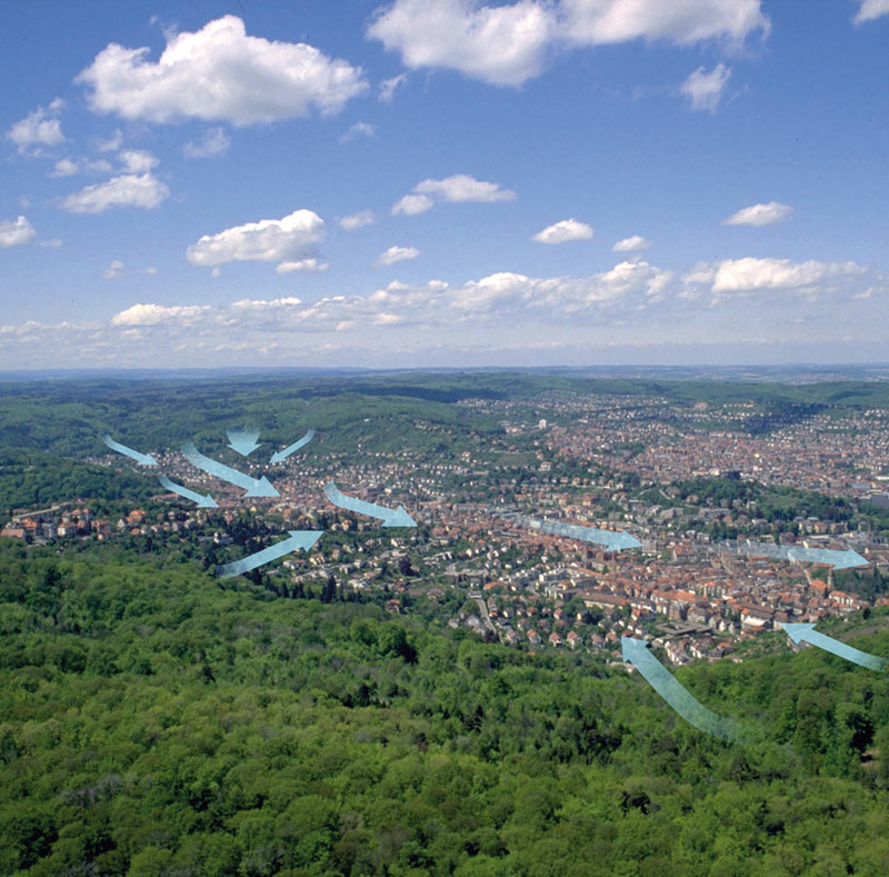 Luftaufnahme von Stuttgart: elf Pfeile zeigen sind darübergelegt