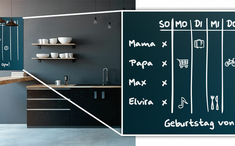 Zweigeteiltes Bild: links Ausschnitt einer Küche mit der beschriebenen ertex magnetic Glastafel in blau hinten an einer grauen Wand