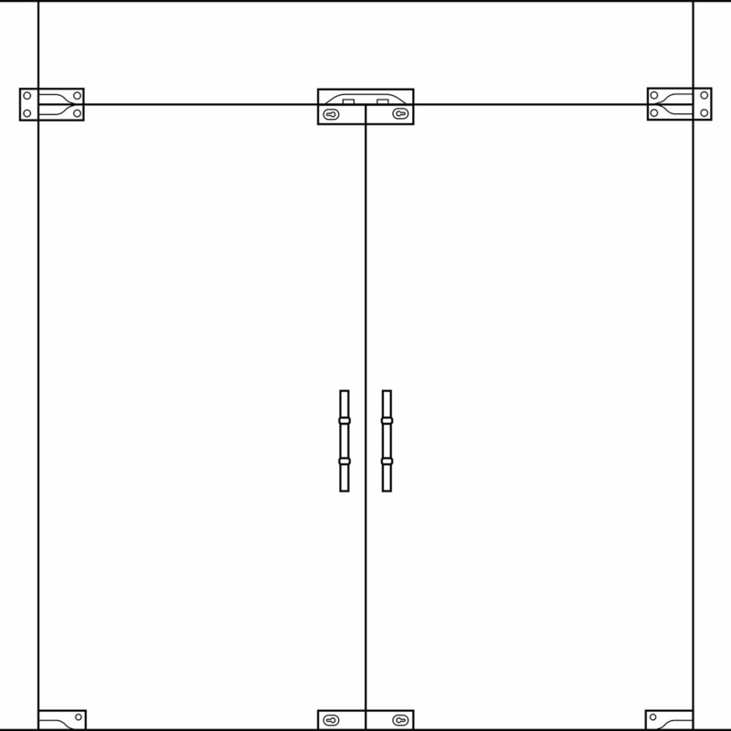 Schwarz-Weiß-Zeichnung einer sogenannten Portal-Anlage mit Pendeltür, Oberlicht und zwei feststehenden Seitenteilen links und rechts von der Pendeltür