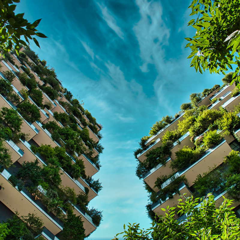 Häuser der Zukunft. Zu sehen sind Wolkenkratzer mit viel grün